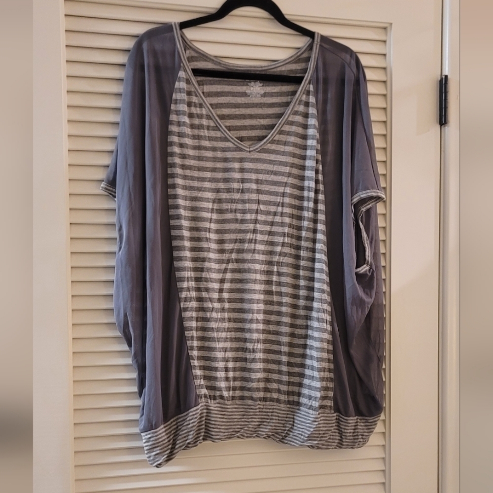 Lane Bryant - (Plus-Size) Grey & White Striped Sleeveless Pullover Top